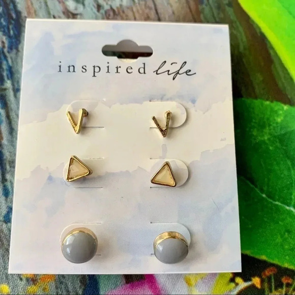 Inspired Life 3 Piece Set Geometric Stud Earrings Brand New - Picture 2 of 5